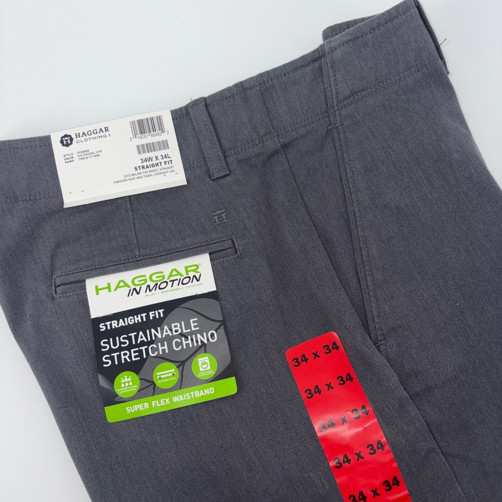 Haggar In Motion Mens Straight‎ Fit Sustainable Stretch Chino Pants Gray 34x34